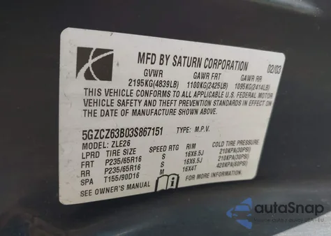 2003 Saturn Vue V6 из США, поврежденный, VIN 5GZCZ63B03S867151